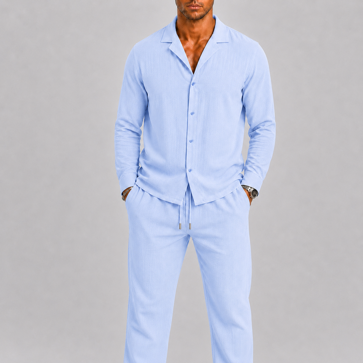 Men's Linen Set with Cuban Collar Shirt and Trousers