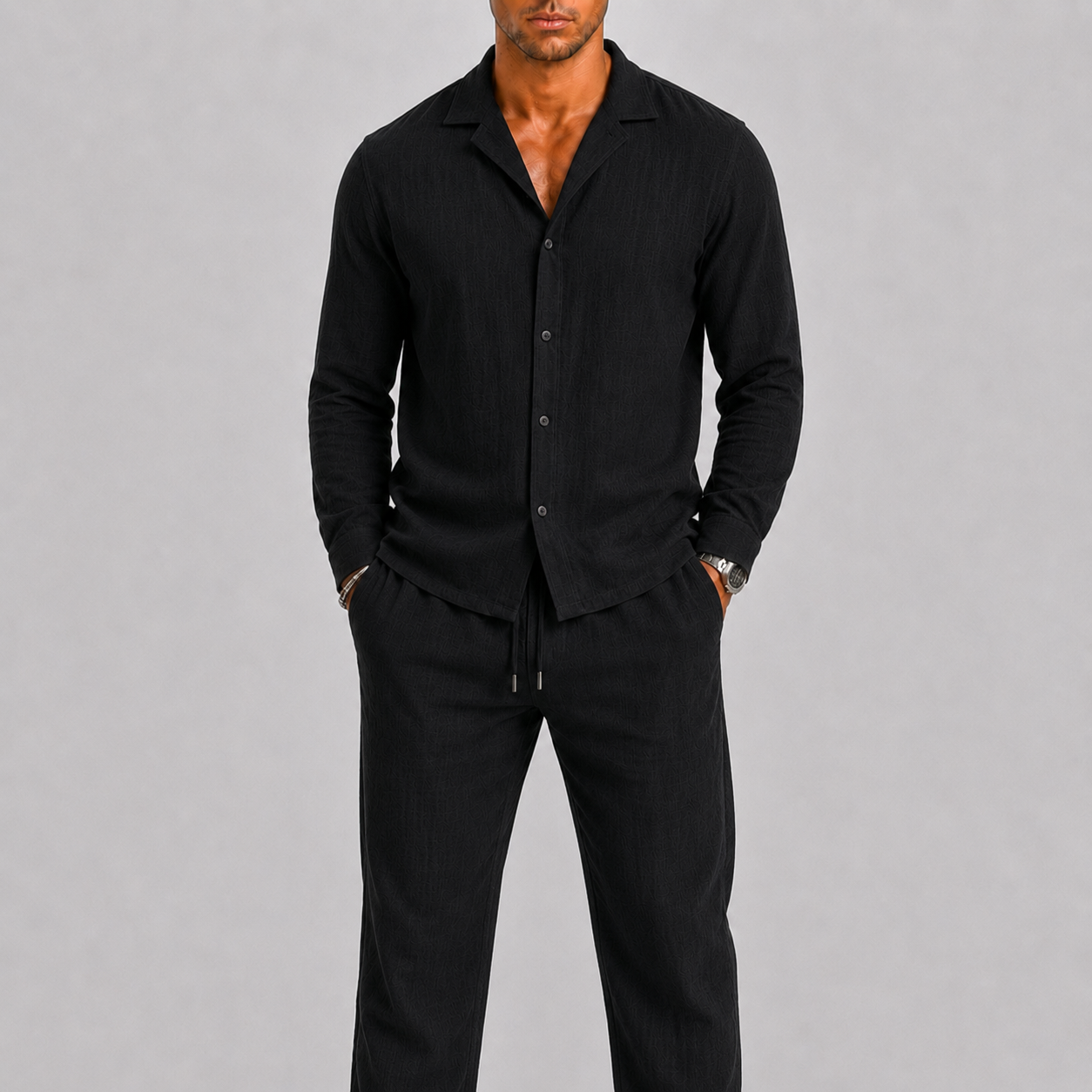 Men's Linen Set with Cuban Collar Shirt and Trousers
