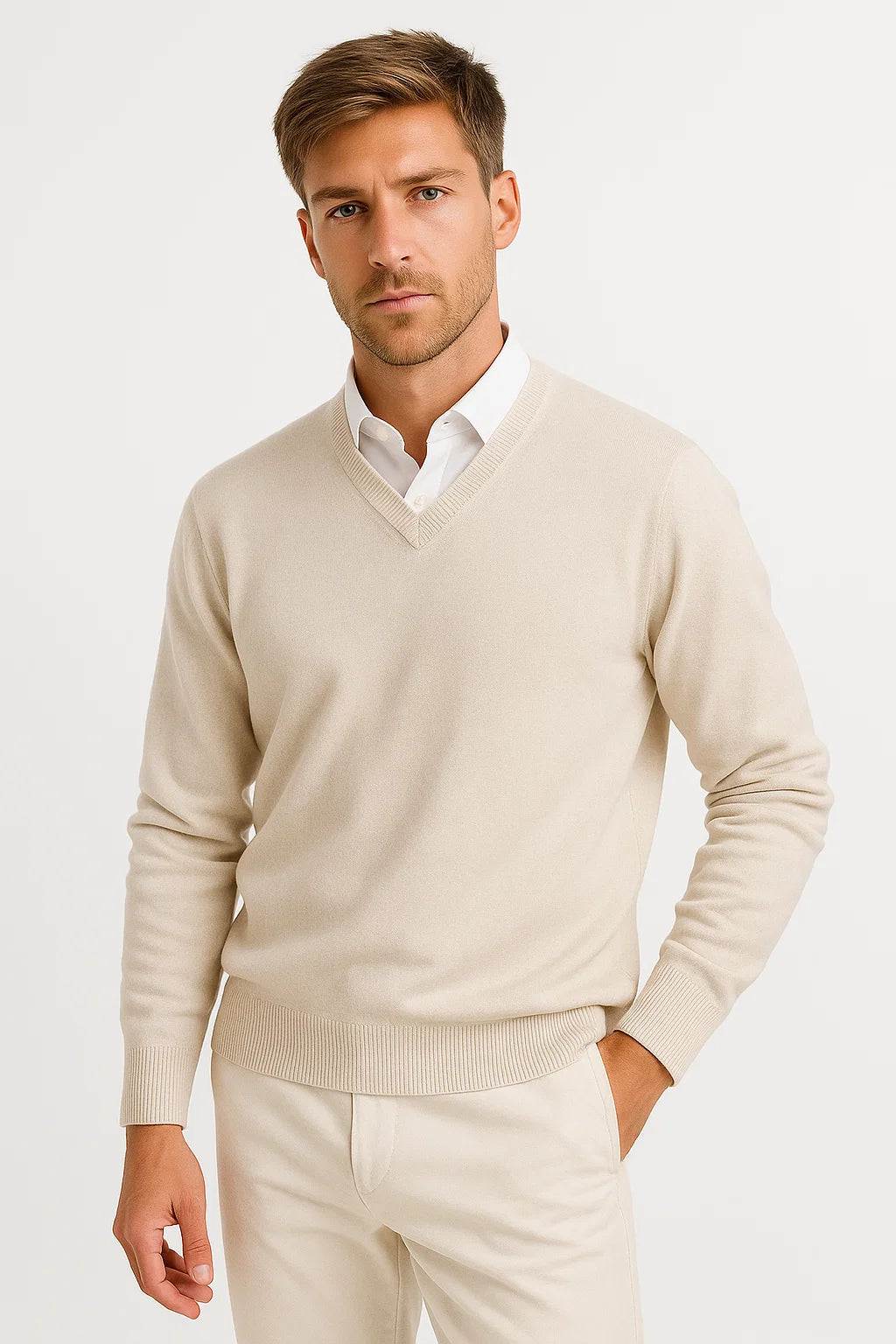 Men's V-Neck Wool-Blend Lightweight Knit