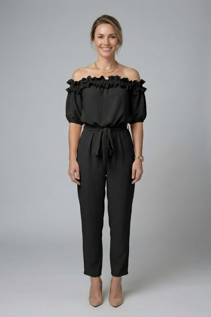 Women’s Jumpsuit with Off-Shoulder Neckline and Waist Tie