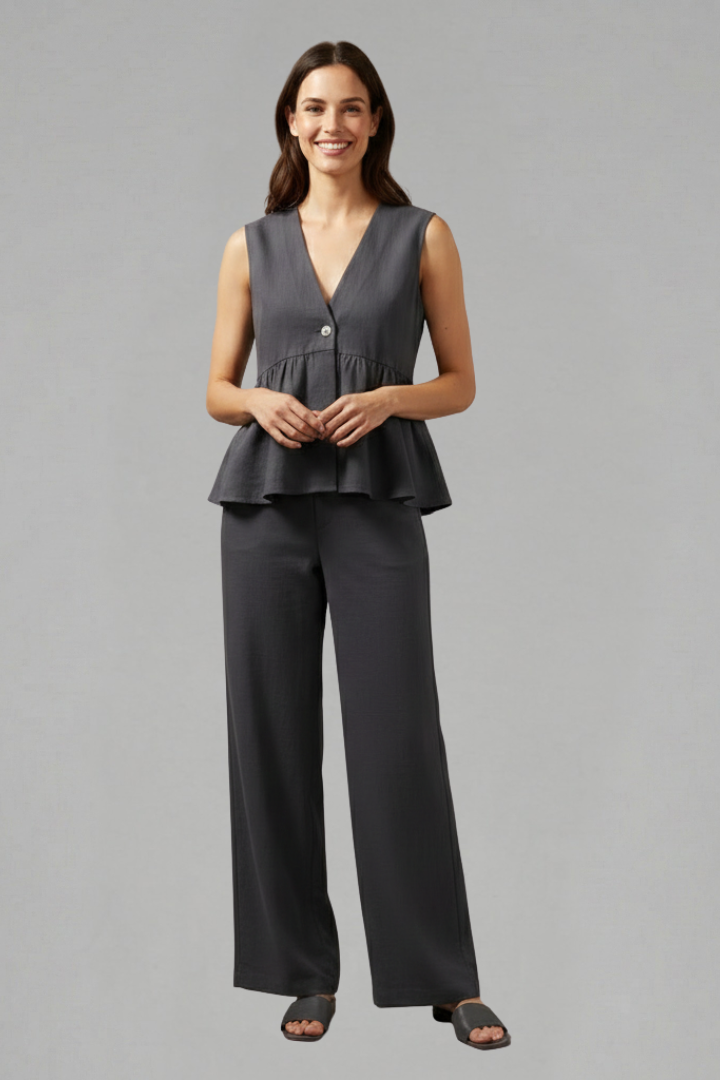 Women’s Two-Piece Set with V-Neck Top and Wide Trousers