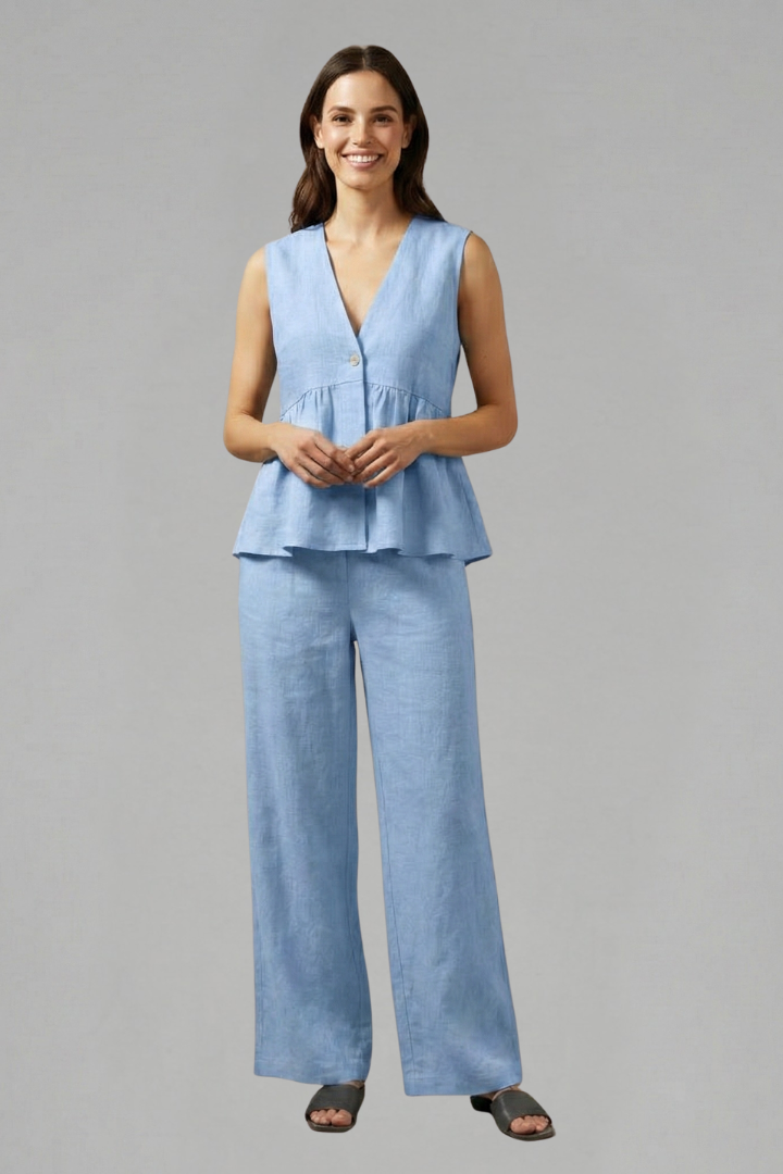 Women’s Two-Piece Set with V-Neck Top and Wide Trousers