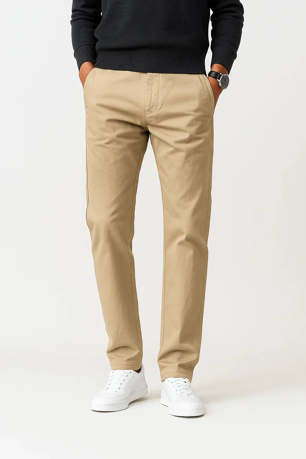 Men's Khaki Cotton Stretch Chinos, Straight Fit