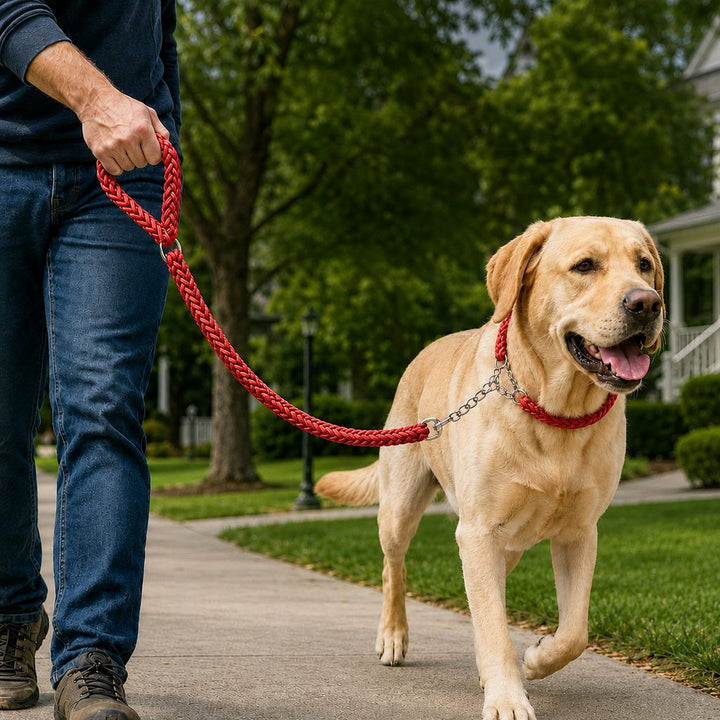 Heavy-Duty Braided Dog Leash with Chain-Control Collar for Strong Pullers