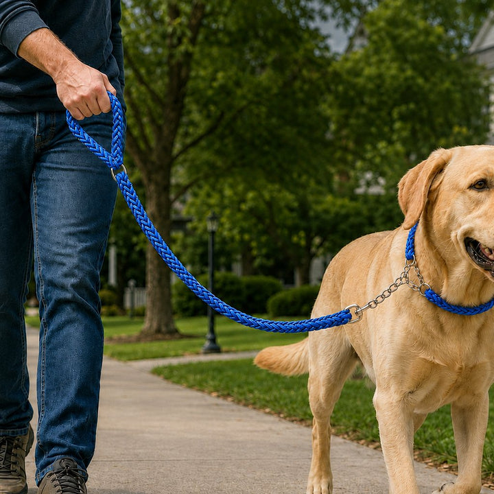 Heavy-Duty Braided Dog Leash with Chain-Control Collar for Strong Pullers