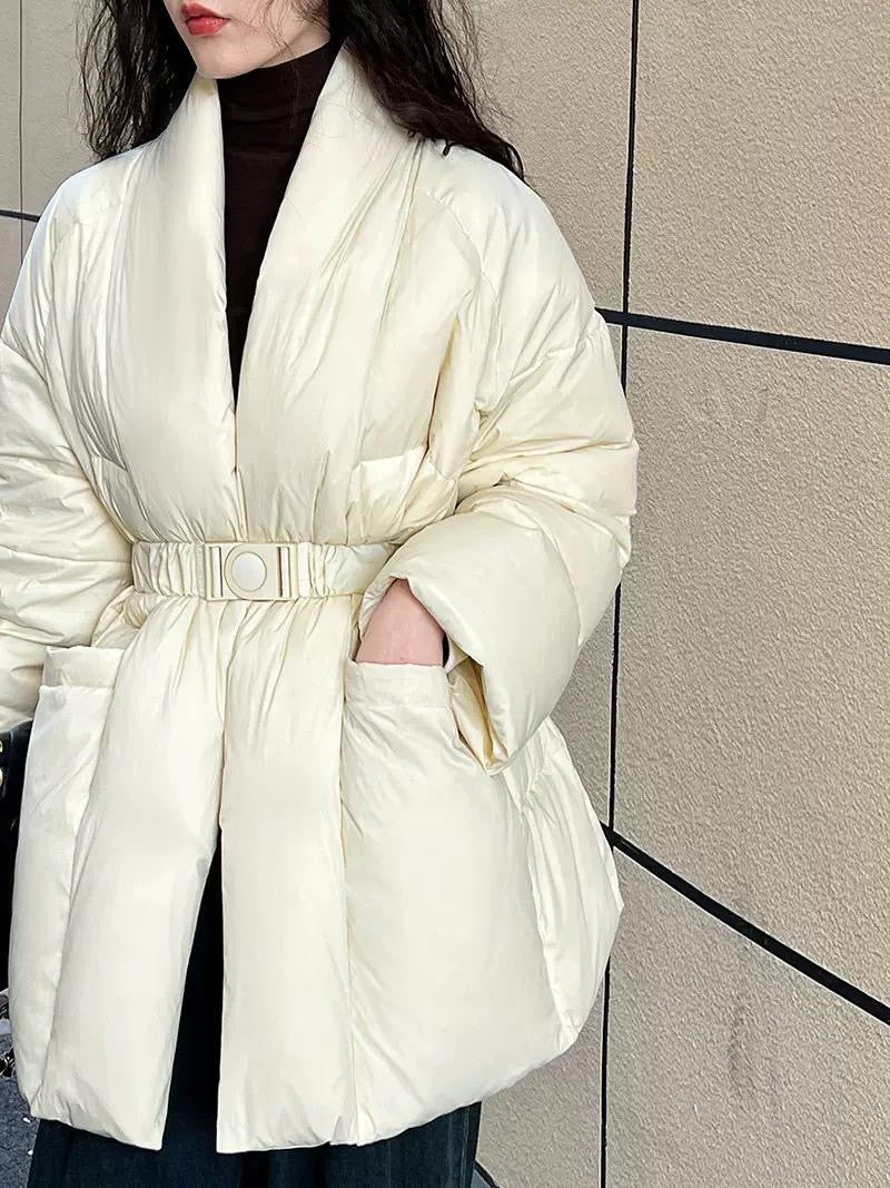 Women's Belted Padded Jacket in White