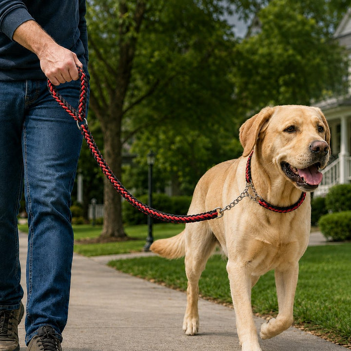 Heavy-Duty Braided Dog Leash with Chain-Control Collar for Strong Pullers