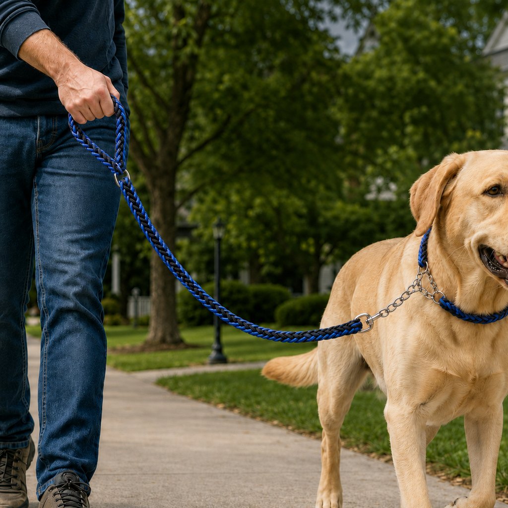Heavy-Duty Braided Dog Leash with Chain-Control Collar for Strong Pullers