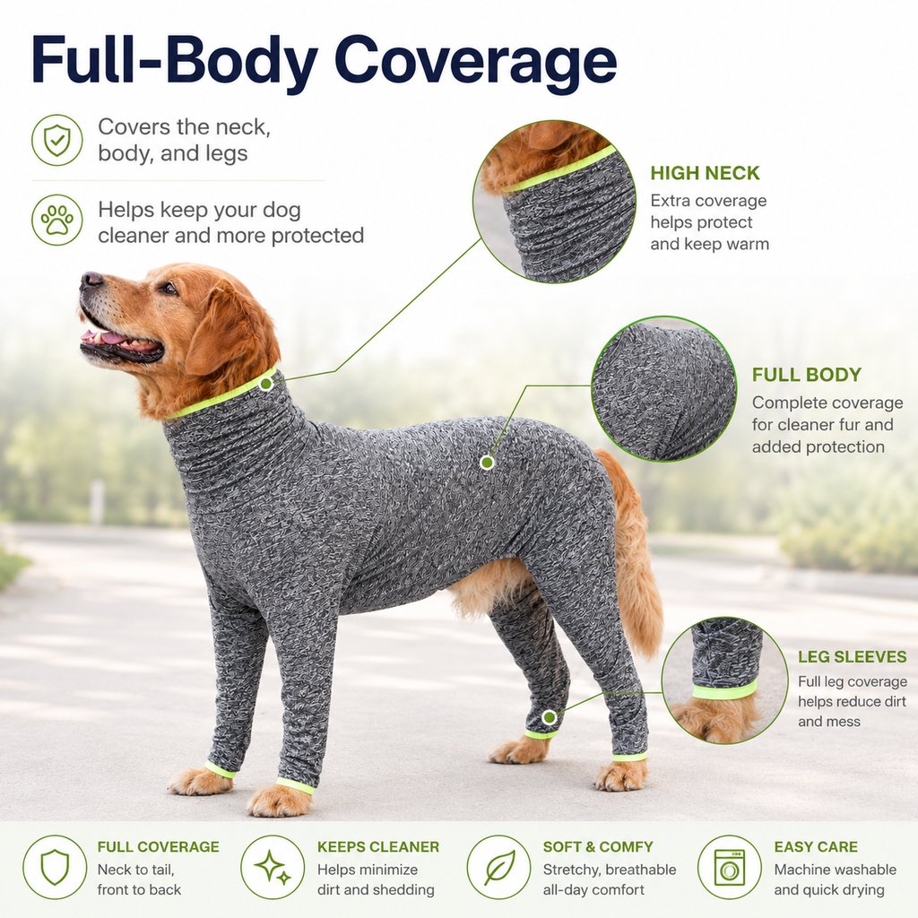 Large Dog Full-Body Suit for Indoor Wear | Stretch 4-Leg Coverall