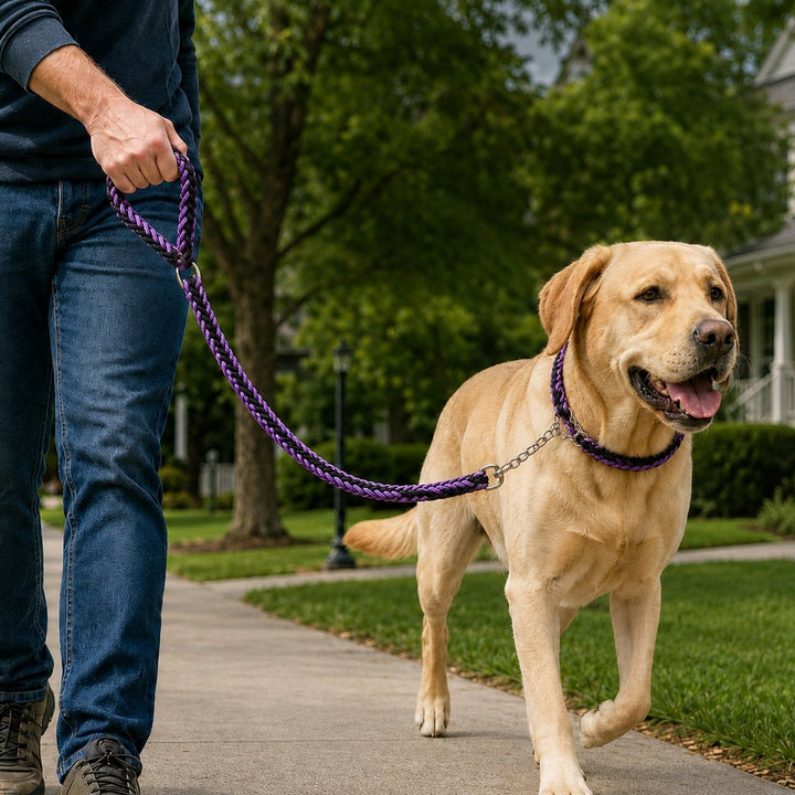 Heavy-Duty Braided Dog Leash with Chain-Control Collar for Strong Pullers