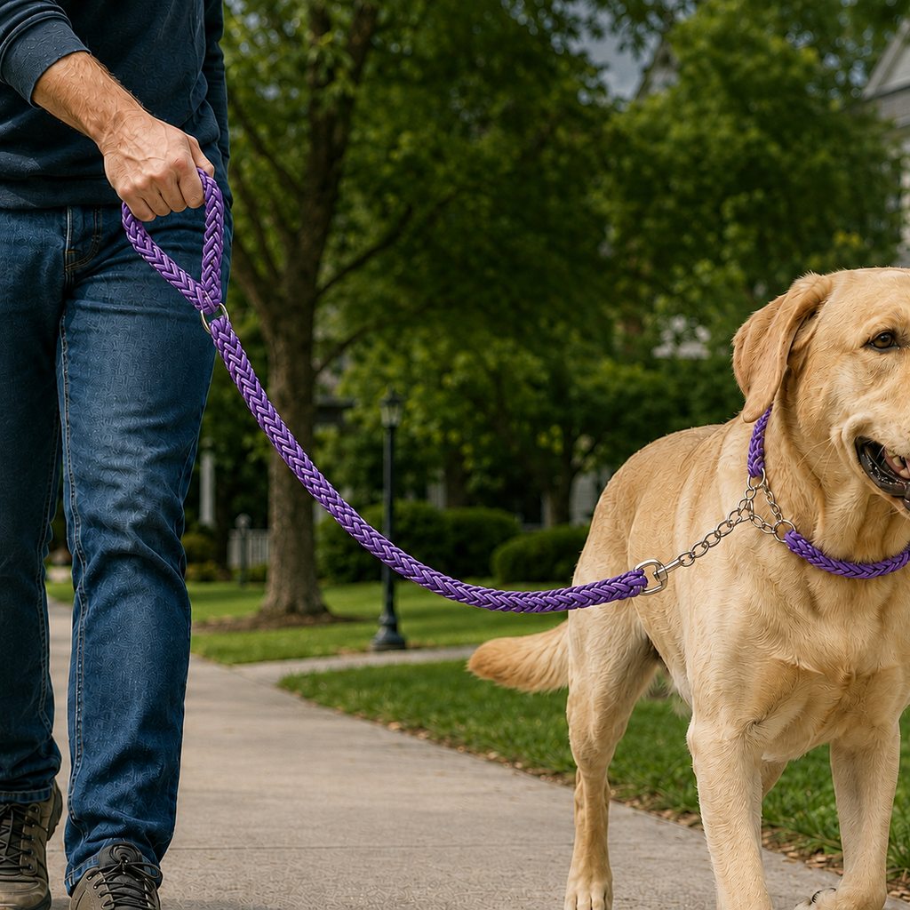 Heavy-Duty Braided Dog Leash with Chain-Control Collar for Strong Pullers
