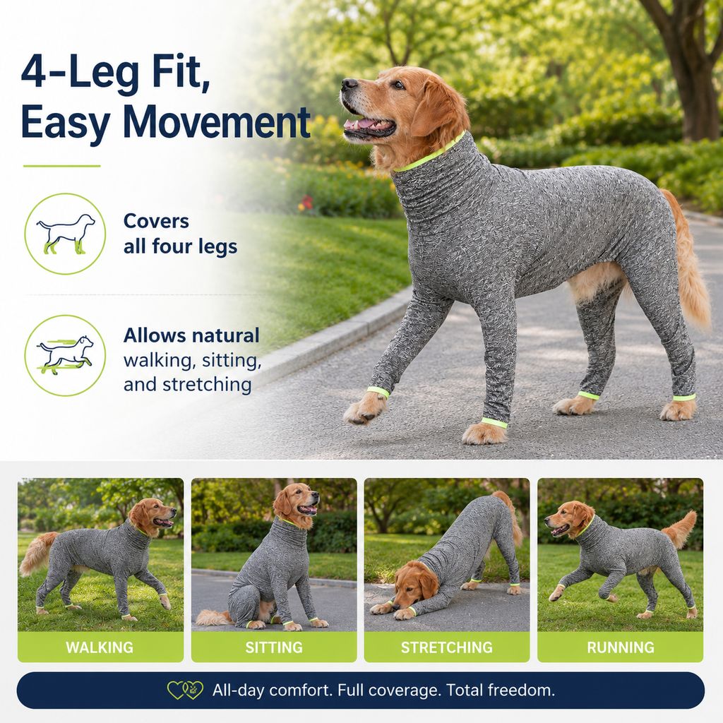 Large Dog Full-Body Suit for Indoor Wear | Stretch 4-Leg Coverall