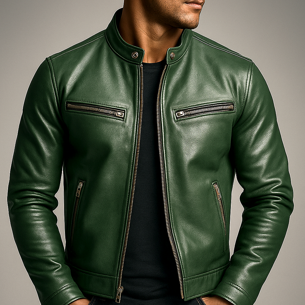 Zip-Through Lined Leather-Look Jacket for Men in Green