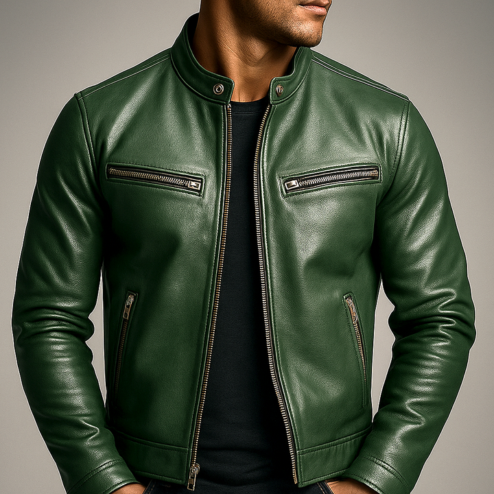 Zip-Through Lined Leather-Look Jacket for Men in Green