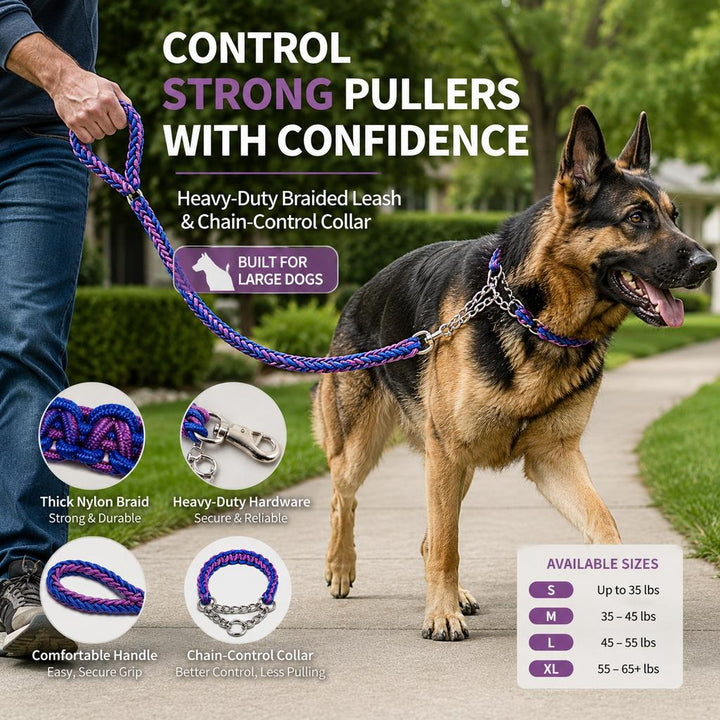Heavy-Duty Braided Dog Leash with Chain-Control Collar for Strong Pullers
