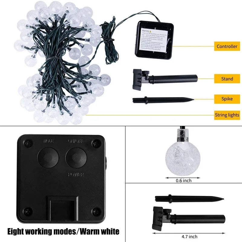 Crystal Globe Solar LED String Lights - 8 Lighting Modes, IP65