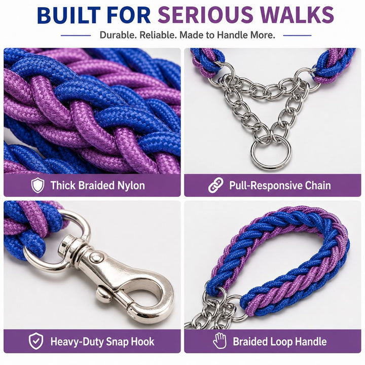 Heavy-Duty Braided Dog Leash with Chain-Control Collar for Strong Pullers