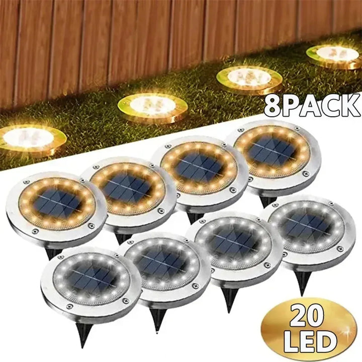 8/20 LED Solar Ground Lights - Stainless Steel, IP65 Waterproof, Auto