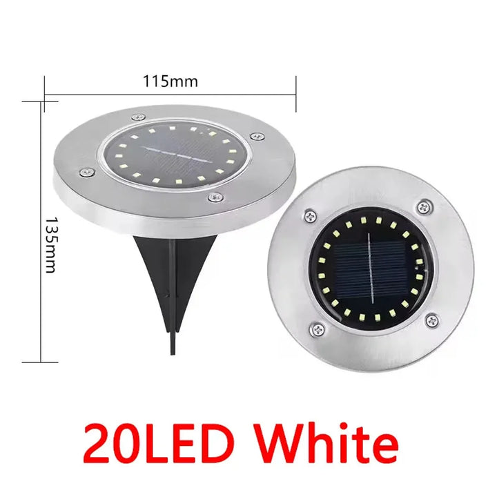 8/20 LED Solar Ground Lights - Stainless Steel, IP65 Waterproof, Auto