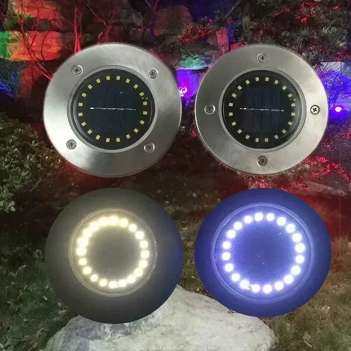 8/20 LED Solar Ground Lights - Stainless Steel, IP65 Waterproof, Auto