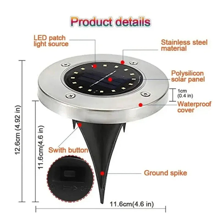 8/20 LED Solar Ground Lights - Stainless Steel, IP65 Waterproof, Auto