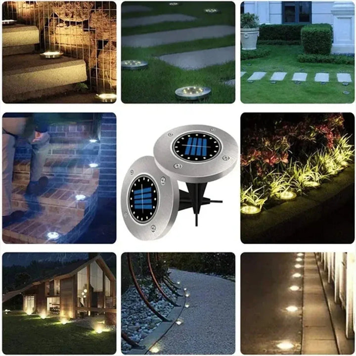 8/20 LED Solar Ground Lights - Stainless Steel, IP65 Waterproof, Auto