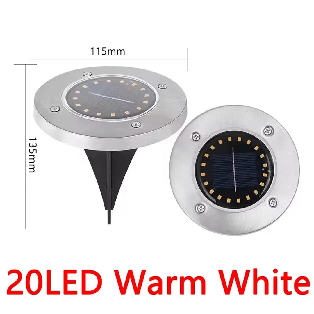 8/20 LED Solar Ground Lights - Stainless Steel, IP65 Waterproof, Auto