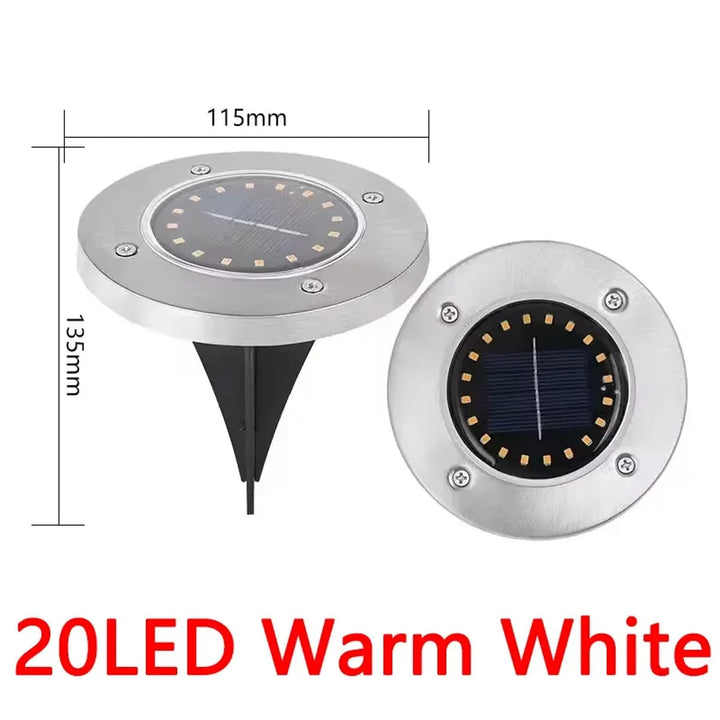 8/20 LED Solar Ground Lights - Stainless Steel, IP65 Waterproof, Auto