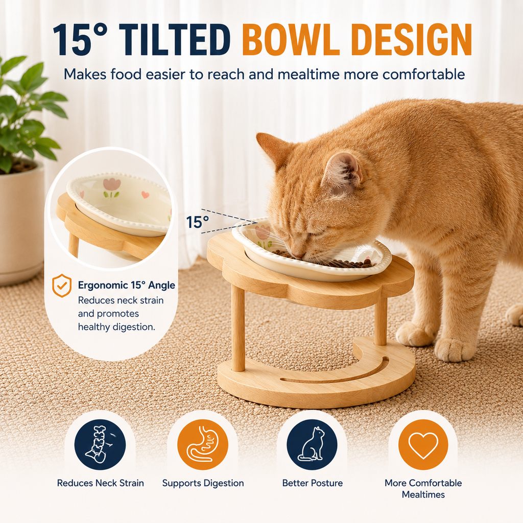 Elevated Ceramic Pet Bowl with Wooden Stand for Cats & Small Dogs