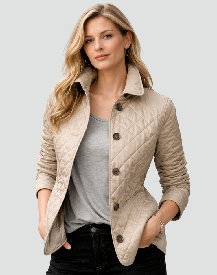 Women's Button-Front Padded Jacket for Layering in Khaki