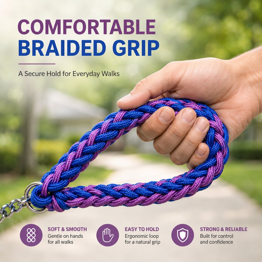 Heavy-Duty Braided Dog Leash with Chain-Control Collar for Strong Pullers