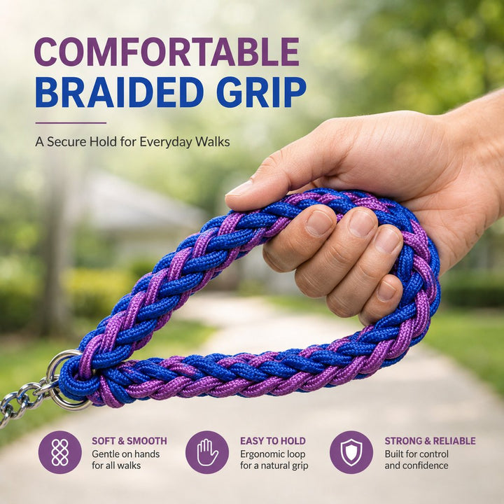 Heavy-Duty Braided Dog Leash with Chain-Control Collar for Strong Pullers