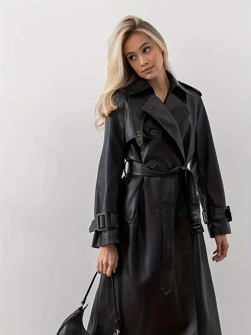 Double Breasted Belted Trench Coat for Women in Leather Look (1)