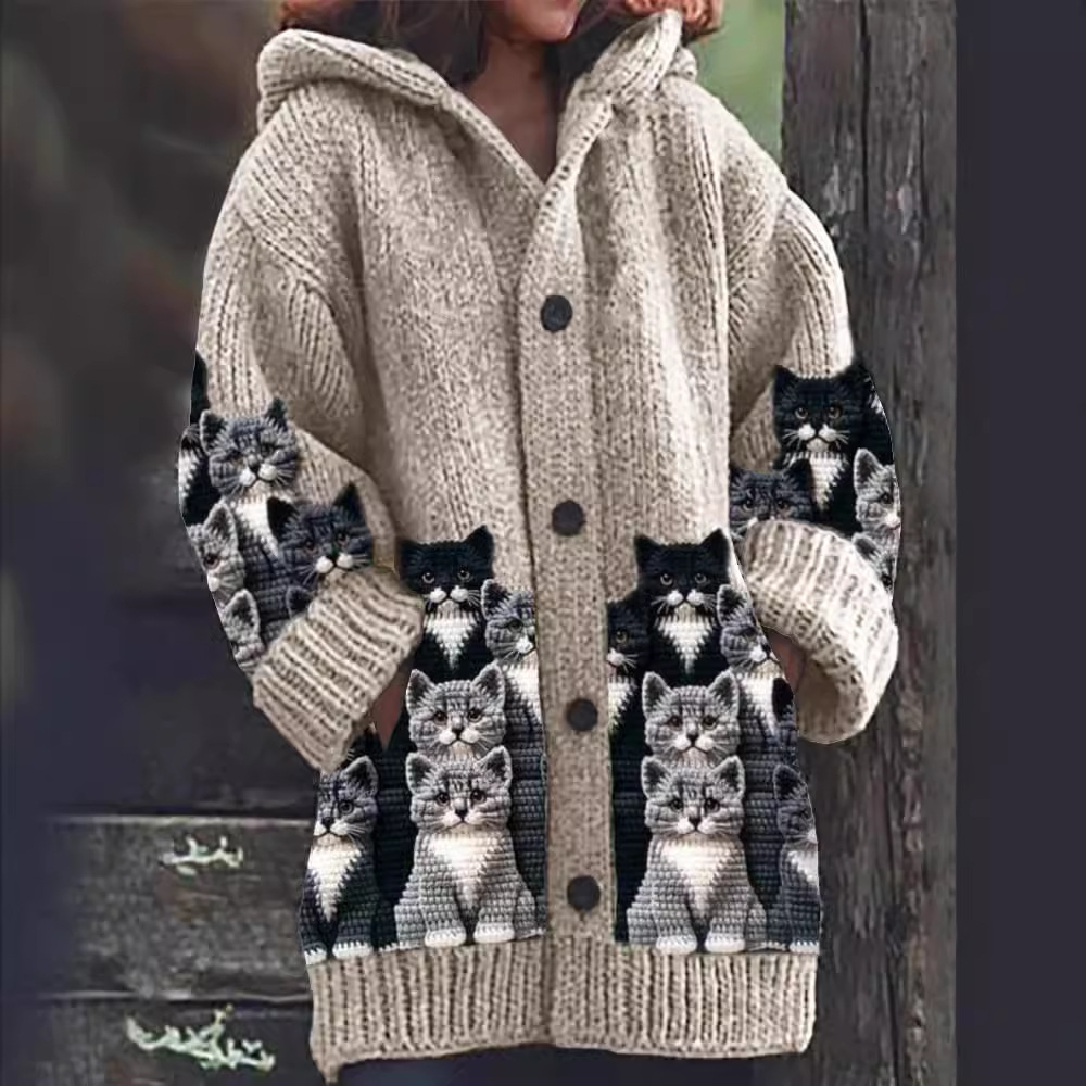 Hooded Knitted Cardigan for Women with Cat Motif (2)