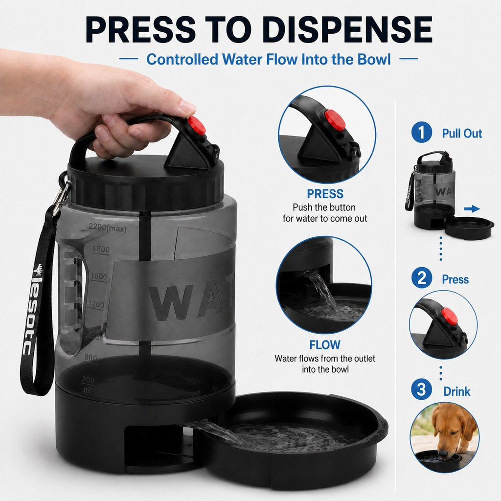 2.2L Portable Dog Travel Water Bottle with Pull-Out Bowl