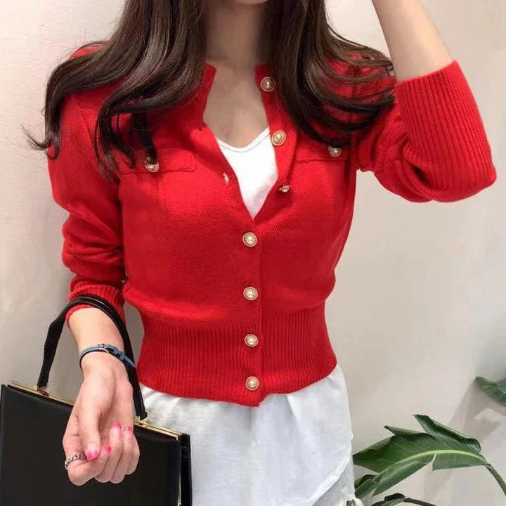 Women's Button-Front Cardigan in Beige in Red