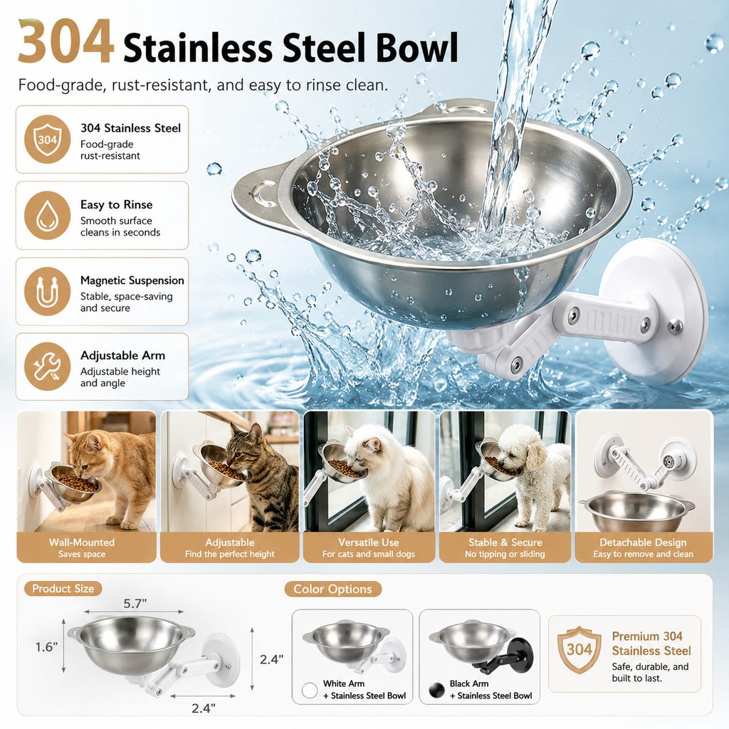 No-Drill Wall-Mounted Pet Bowl for Small Dogs & Cats | Elevated Feeding for Cleaner Floors