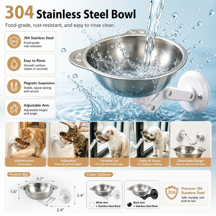 No-Drill Wall-Mounted Pet Bowl for Small Dogs & Cats | Elevated Feeding for Cleaner Floors