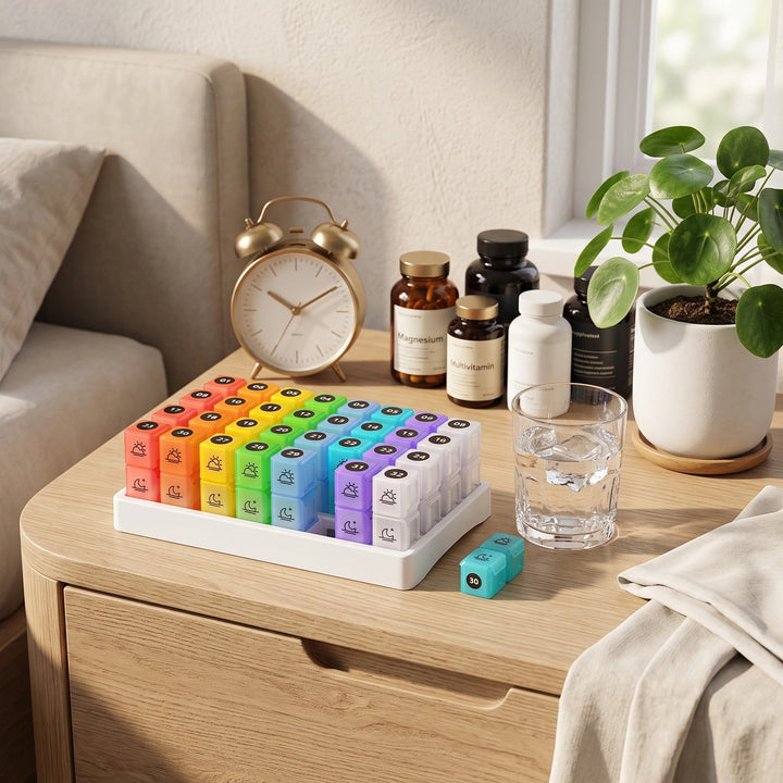 31 Day AM PM Pill Organizer with 31 Boxes, BPA-Free Case & Label Stickers