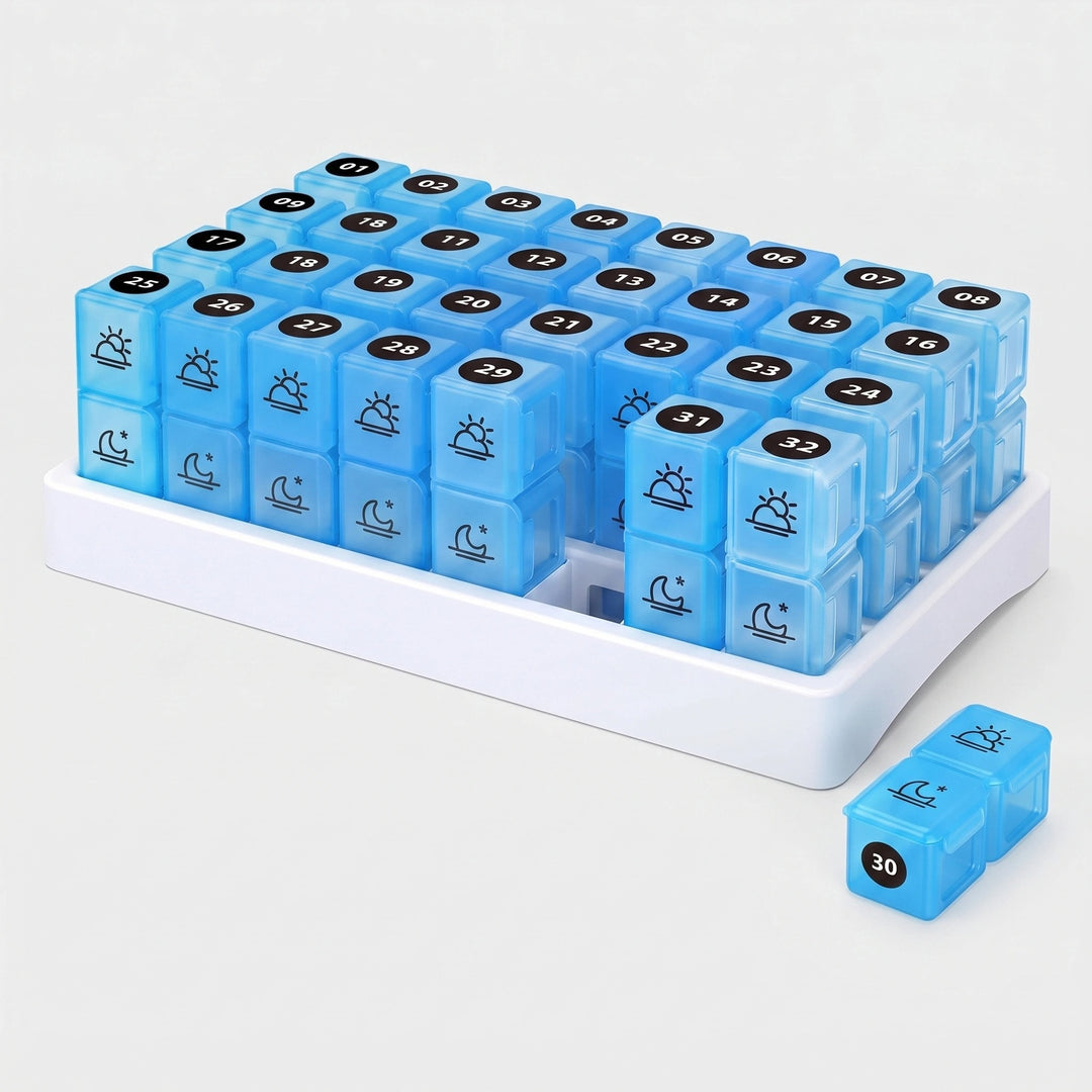 31 Day AM PM Pill Organizer with 31 Boxes, BPA-Free Case & Label Stickers