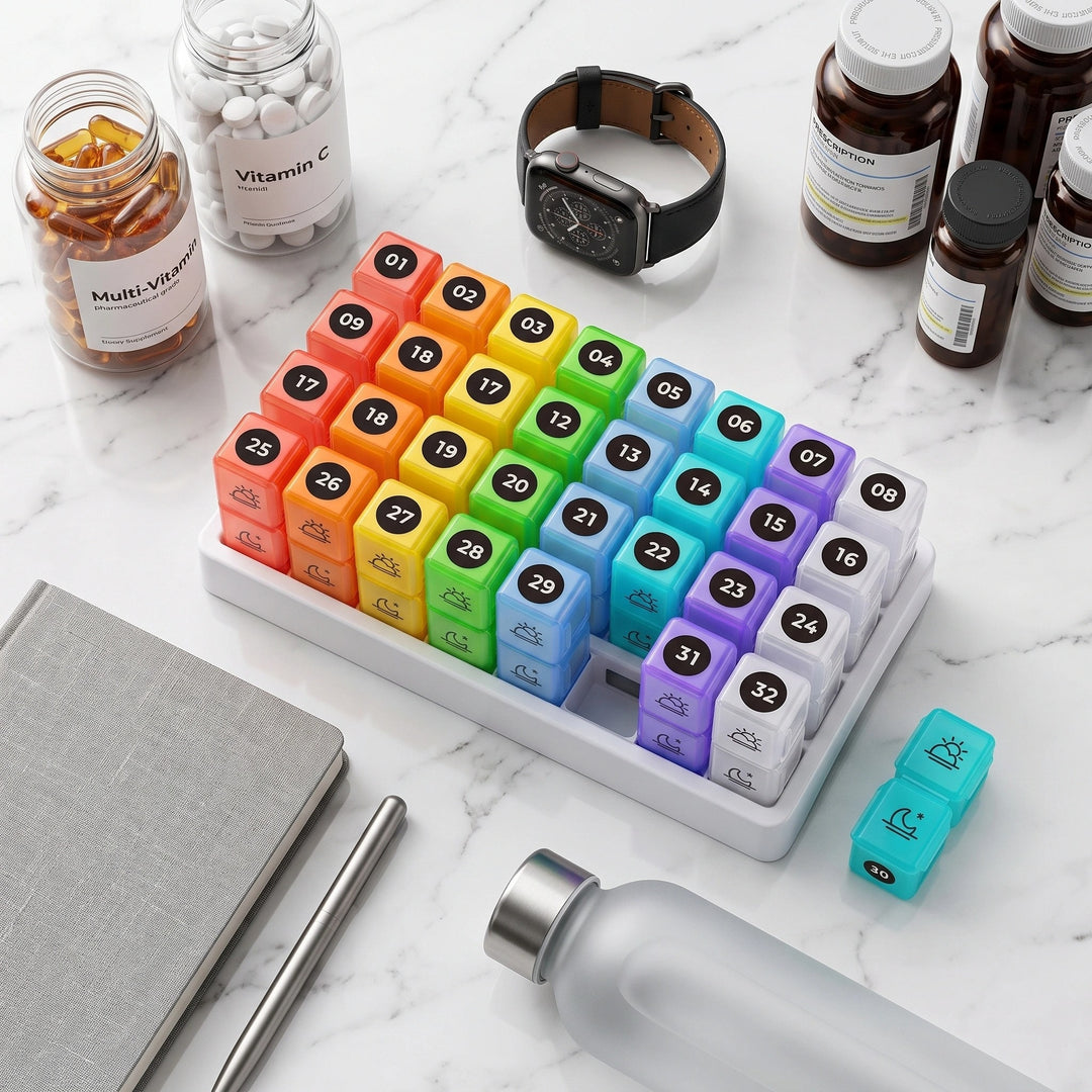 31 Day AM PM Pill Organizer with 31 Boxes, BPA-Free Case & Label Stickers