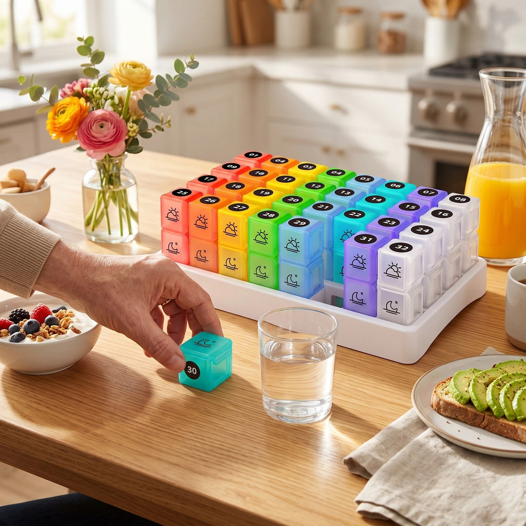 31 Day AM PM Pill Organizer with 31 Boxes, BPA-Free Case & Label Stickers