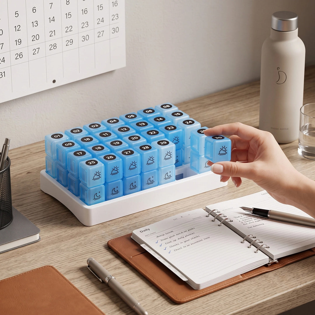 31 Day AM PM Pill Organizer with 31 Boxes, BPA-Free Case & Label Stickers