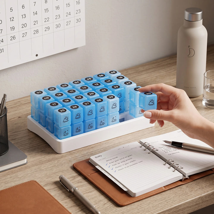 31 Day AM PM Pill Organizer with 31 Boxes, BPA-Free Case & Label Stickers