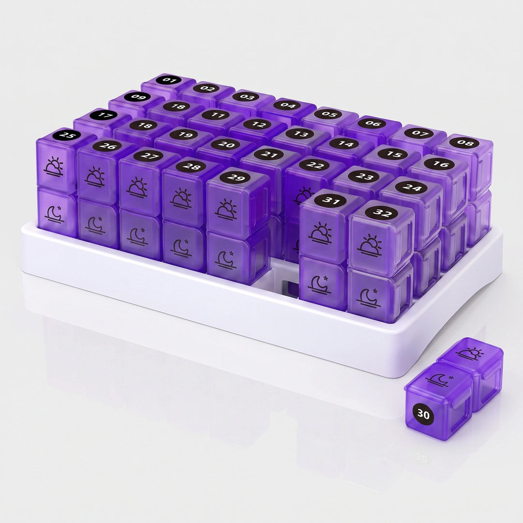 31 Day AM PM Pill Organizer with 31 Boxes, BPA-Free Case & Label Stickers