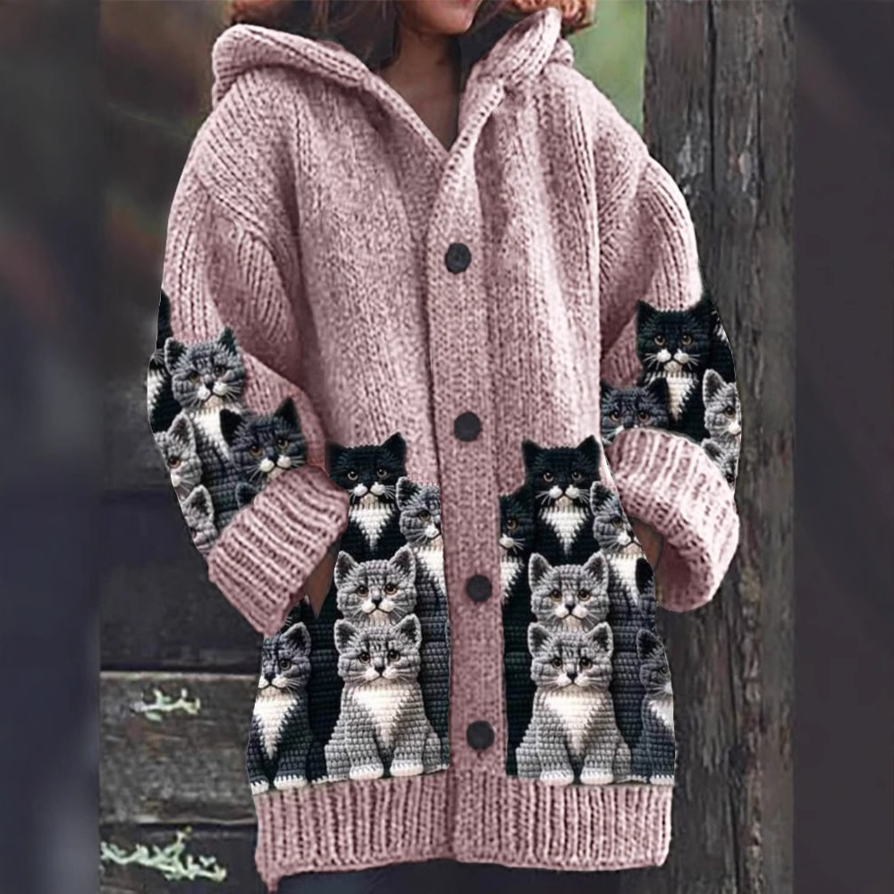 Hooded Knitted Cardigan for Women with Cat Motif (3)