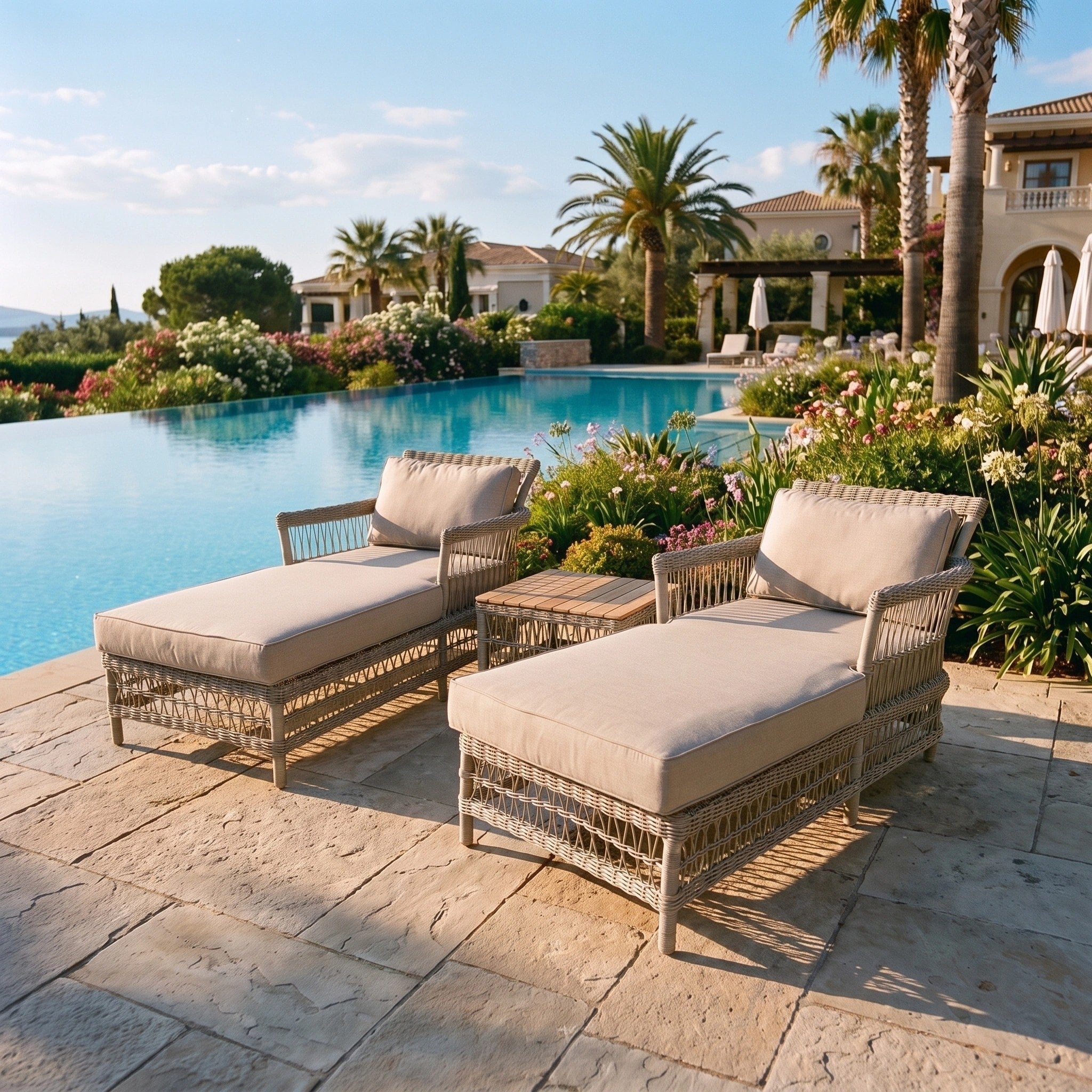 Rattan garden sun loungers by the pool - Noviful Garden & Outdoor