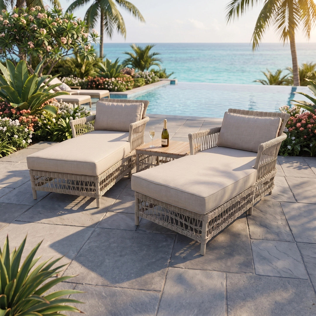 3 Piece Outdoor Sun Lounger Set - Rattan Garden Loungers with Side Table 2