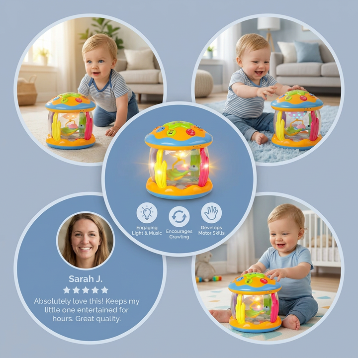 Baby Rotating Sensory Toy with Lights, Music & Crawling Activity