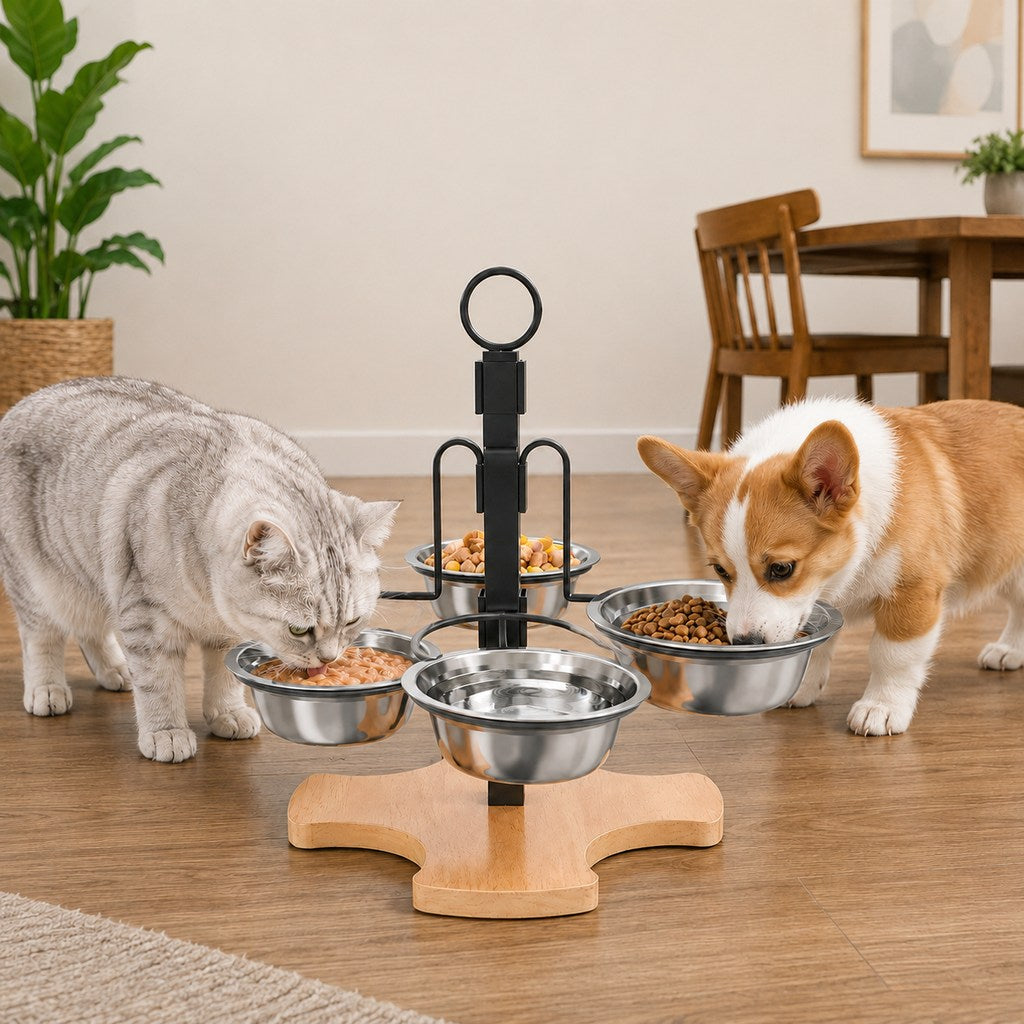 4-Bowl Adjustable Elevated Pet Feeder for Cats & Small Dogs | Organized Food and Water Station